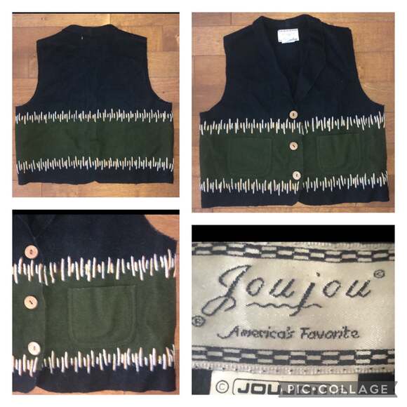 Vintage JouJou Black & Green Wool Vest, collar Camel & Cream Blanket size small - Picture 2 of 10